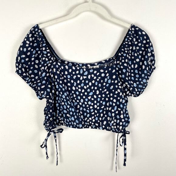 Roxy Dear Amor Dot Print Crop Top Blue White Size S Puff Sleeve Squareneck - Picture 10 of 10